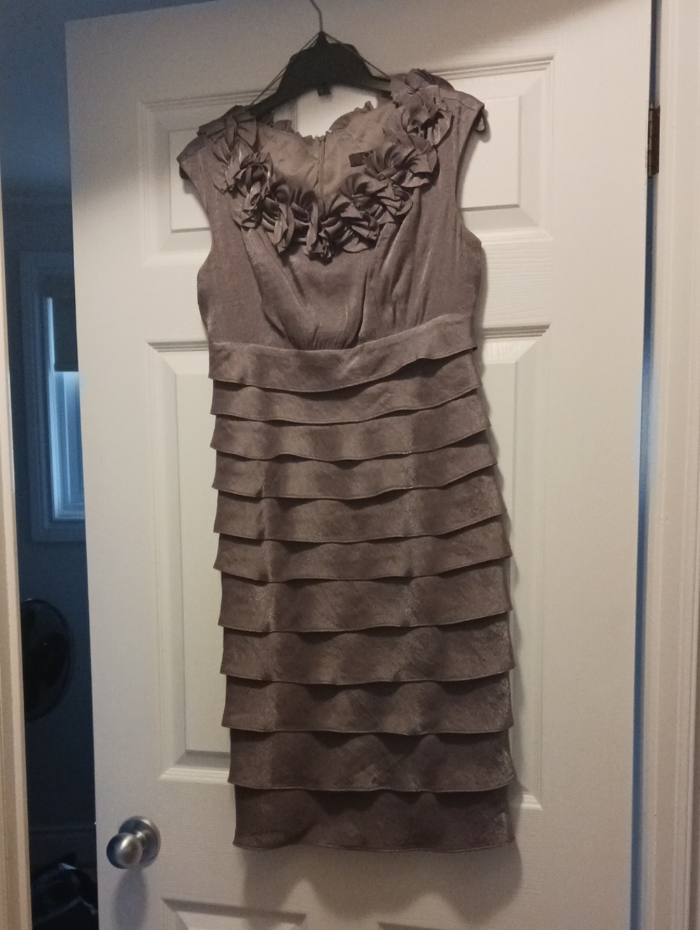 Jessica Taupe Layered Ruffle Midi Dress with Floral Neckline Detail